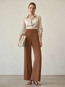MOTF PREMIUM 优雅高腰压褶裤，春夏款 - 駝色 - 查看 5