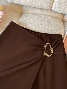 Franclia 2026 New Style Fashionable And Versatile High-Waisted Slimming Knot Metal Buckle Irregular Skirt Pants Anti-Exposure Shorts Brown Bodycon Skirt Pants For Women, Spring/Summer Clothing, Summer Outfits, Elegant Bottoms, Back-To-School Outfits, Women's Casual Wear, Versatile Skirt Pants, Brown Shorts - Brown - View 7