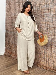 EMERY ROSE Plus Size Linen-Like Texture Round Neck 3/4 Sleeve Loose Shirt + Elastic Waist Straight Leg Loose Pants 2 Pieces Set, Casual Commute Elegant Outgoing Holiday Party Outfit - Apricot - View 7