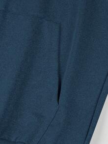 Manfinity Homme Loose Fit Men's Hoodie With English Letter Print, Kangaroo Pocket And Drawstring - Navy Blue - View 3