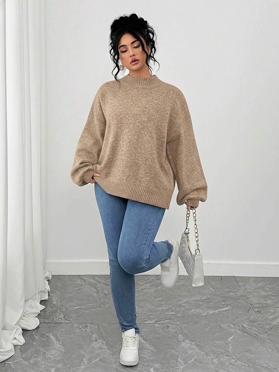 SHEIN Tall CURVE Plus Size Casual Drop Shoulder Crew Neck Long Sleeve Sweater - Camel - View 1