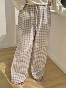 Dazy Plus Pantalones de pijama de talla grande con estampado de cuadros y bolsillo con nudo - Albaricoque - Ver 7