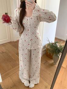 DAZY Women's Sweet Cherry Polka Dot Allover Print Ruffle Collar Pajama Set - White - View 4