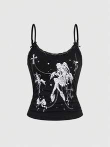 ROMWE Bộ 2 món: Áo hai dây in hình cánh chim hoạt hình dễ thương và quần ống loe cạp thấp. - màu đen - Xem 5