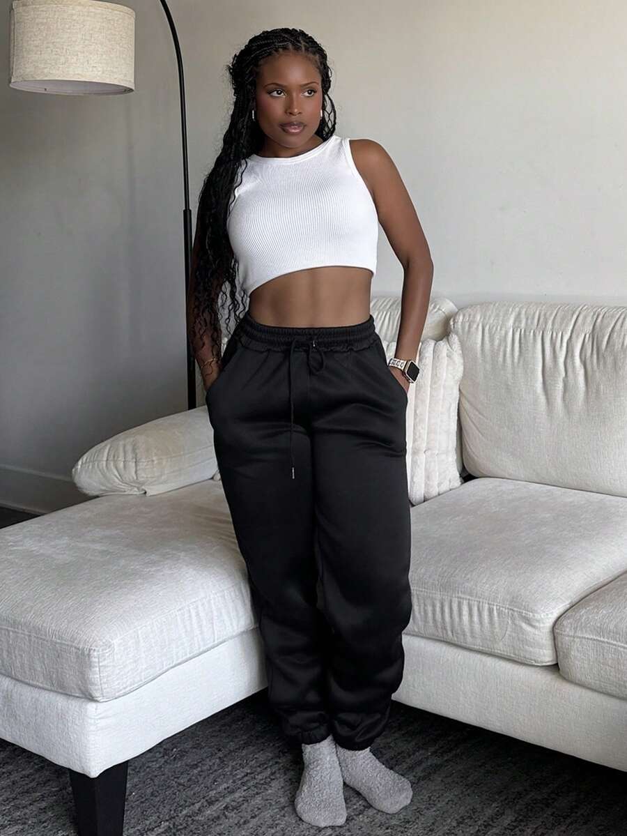 Tyla Gomez Women's Solid Color Drawstring Waist Pockets Casual Jogger Pants - Black - View 1