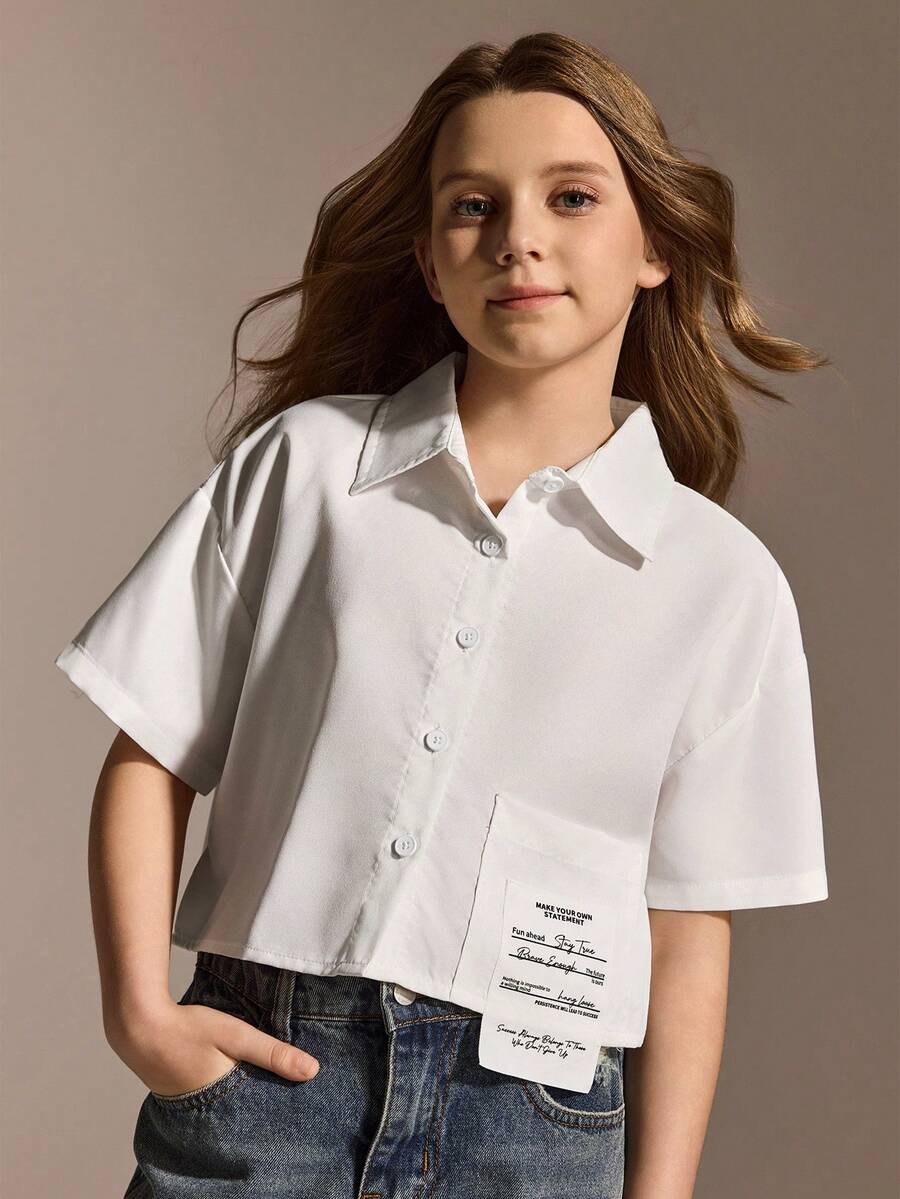 少女休闲校园风街头时尚露脐短袖衬衫,带大口袋 - 白色 - 查看 1