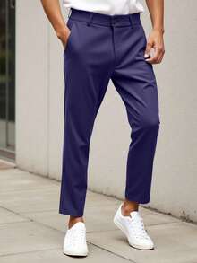 Manfinity Mode Pantalones casuales de pierna recta con textura para hombres, el diseño plisado ofrece un ajuste cómodo, adecuado para ocasiones casuales diarias, se puede combinar con camisas o camisetas para mostrar un estilo de negocios casual, también es un gran regalo - Azul Marino - Ver 5