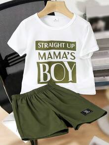 男童夏季针织套装（两件套），军绿色短袖T恤和短裤，白色大字母印花，休闲时尚，适合休闲、运动和日常穿着。 - 軍綠色 - 查看 4