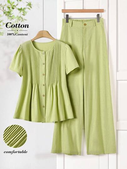 Rusticease Conjunto informal de top de manga corta de cuello redondo y pantalones a rayas