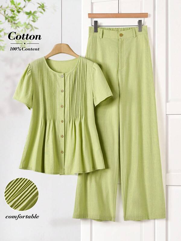 Rusticease Conjunto informal de top de manga corta de cuello redondo y pantalones a rayas