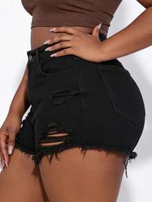 CurvyTilda Plus Ripped Raw Hem Denim Shorts - Black - View 4