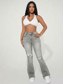 SHEIN PETITE Women's High Waist Pocketed Casual Versatile Flared Distressed Denim Jeans - Light Grey - View 4