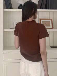 DAZY 女士独特设计圆领短袖宽松针织上衣 - 棕色 - 查看 2