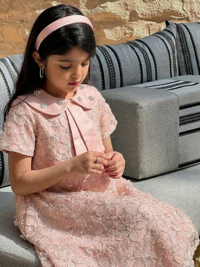 SHEIN Tween Girl Floral Print Decorated Peter Pan Collar Short Sleeve Dress