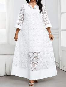 SHEIN Lady Valentine Plus Size Women's Fashion Lace Cutout Neck Dress White Elegant Curve Church Maxi - White - View 4