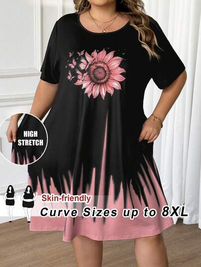 SHEIN CURVE+ Vestido corto de manga corta y cuello redondo con estampado casual de mariposas y girasoles, adecuado para el verano, talla grande