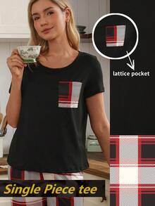 SHEIN Doze Lane 女士休闲单件上衣，格子印花口袋短袖睡衣上衣 - 黑色 - 查看 1