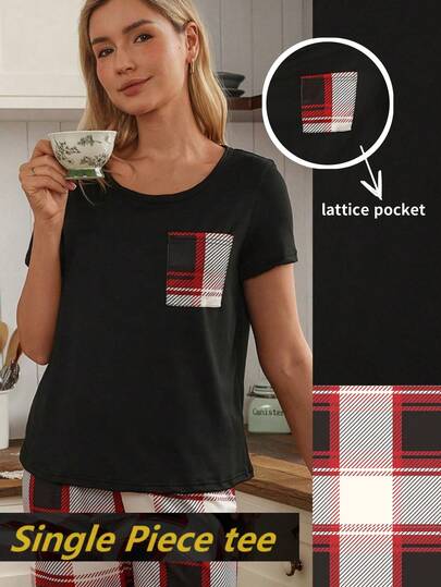 SHEIN Doze Lane 女士休闲单件上衣，格子印花口袋短袖睡衣上衣