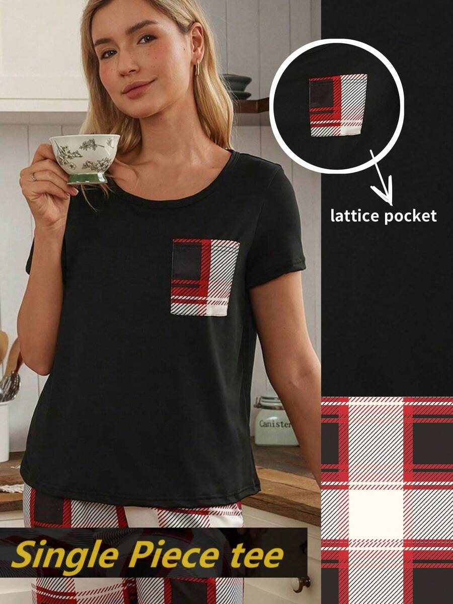 SHEIN Doze Lane 女士休闲单件上衣，格子印花口袋短袖睡衣上衣 - 黑色 - 查看 1