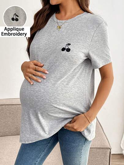SHEIN Pregnant Women's Casual Cherry Embroidery Short Sleeve T-Shirt, Summer, Spring Outfit Women , Spring Break Outfits