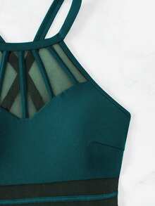 SHEIN Swim 女士纯色网纱拼接挂脖连体泳衣，度假风 - 水鴨藍 - 查看 6