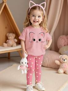 2件套女婴休闲可爱小猫爱心印花T恤和打底裤套装，适合春、夏、秋季日常穿着，舒适百搭。 - 彩色 - 查看 5