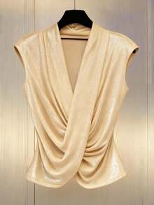 Lyxana Women's Solid Color Draped Ruffle Elegant Fashion Sleeveless T-Shirt - Gold - View 1