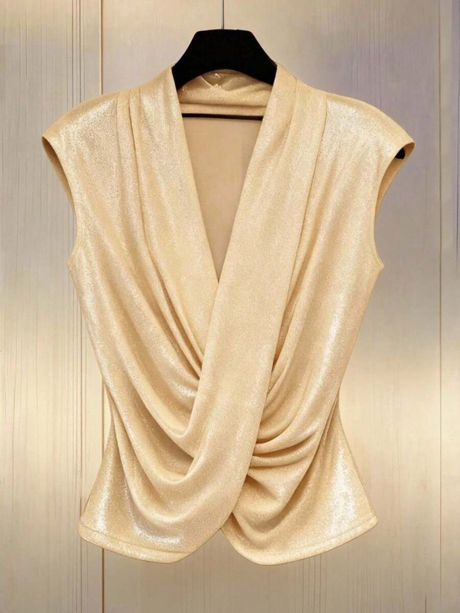 Lyxana Women's Solid Color Draped Ruffle Elegant Fashion Sleeveless T-Shirt - Gold - View 1
