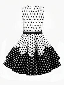 Franclia 女士黑白波点波浪拼接休闲无袖喇叭中长连衣裙，春夏款 - 黑與白 - 查看 2