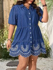 Breezaya Plus Size Women's Spring/Summer Embroidered Washed Denim Dress - Light Wash - View 6