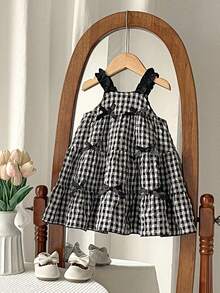 SHEIN Baby Girl Cute Bow Strap Cake Dress, Black & White, Summer Bubble Dress For Outings, Parties, School - Multicolor - View 3
