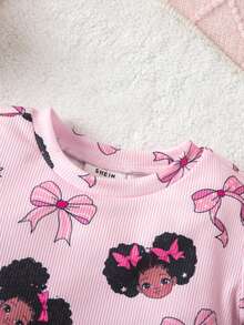 SHEIN 4件套女婴休闲修身圆领短袖卡通印花家居服套装，贴身剪裁，适合春夏穿着 - 彩色 - 查看 5