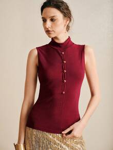 Arave Women's Knit Fabric Round Neck Sleeveless Hollow Out Single-Breasted Casual/Party Sexy Romantic Blouse, Red - Red - View 6