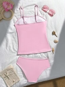 SHEIN 少女两件套 Tankini 泳衣套装，2025 年新款黑百合花卉印花休闲背心和短裤套装，优雅精致的设计，适合游泳、度假和夏季 - 粉色 - 查看 2