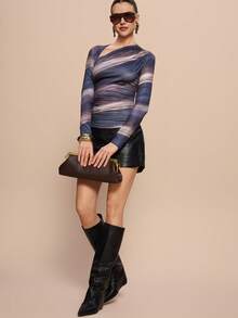 Leighera Áo thun dài tay nữ thanh lịch in họa tiết chuyển màu, thiết kế lệch vai, thích hợp cho mùa xuân. - Màu xám đen - Xem 3