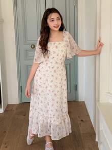 DAZY 少女碎花方领荷叶袖宽松休闲连衣裙 - 米色 - 查看 4