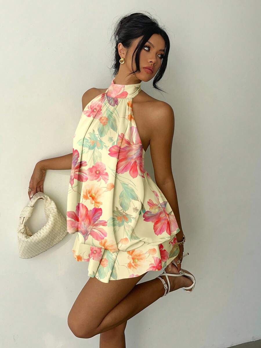 Aloruh Đầm ngắn cổ yếm thoải mái, phong cách tối giản, thanh lịch, retro, họa tiết hoa màu nước nhuộm tie-dye, thích hợp cho bãi biển, kỳ nghỉ, sinh nhật, mùa xuân/hè. - Nhiều màu - Xem 1