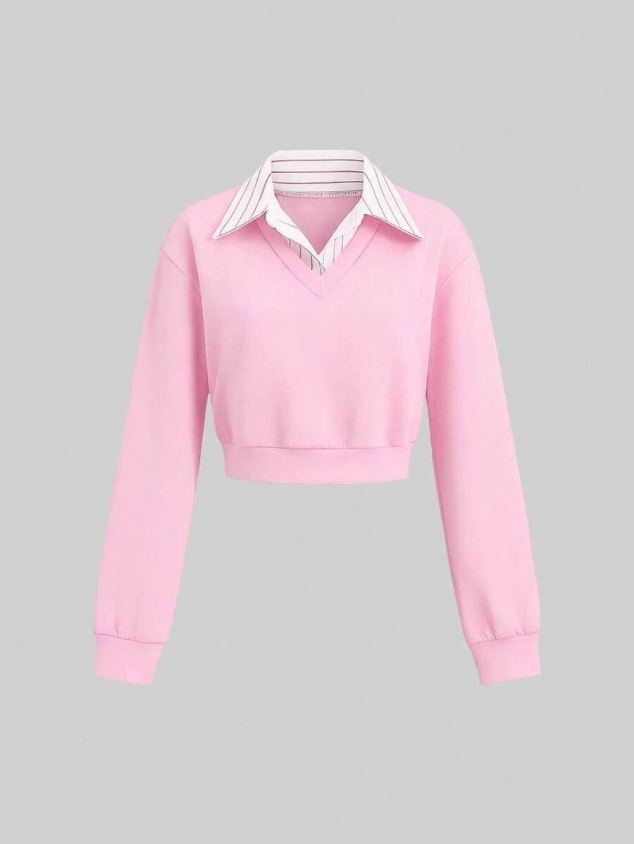 Sweetra 秋季新款美式复古休闲条纹宽松套头衫二合一 Polo 领长袖卫衣 - 粉色 - 查看 1