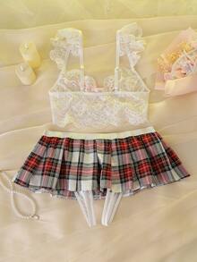 DelicateAllure Bộ đồ lót nữ sinh/sinh viên 2 món kẻ caro hở đáy phối màu tương phản với nơ, lưới xếp nếp, ren hoa, xuyên thấu, lãng mạn, thích hợp cho các bữa tiệc, lễ hội âm nhạc, gợi cảm. - Nhiều màu - Xem 2