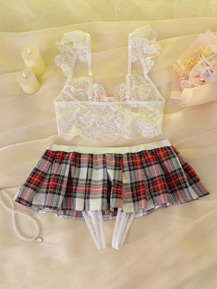 SHEIN 2pcs Christmas Student Plaid Open Crotch Contrast Color Bow Mesh Ruffle Floral Lace Sheer Romantic Party Music Festival Sexy Lingerie Set For Women - Multicolor - View 2