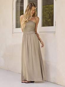 Aralina 褶皱腰部无肩带飘逸长裙 - 軍綠色 - 查看 1