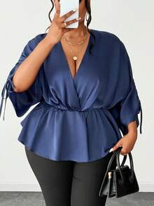 Maweii Plus Size Women's Navy Blue Autumn Elegant Office Satin Blouse,Shiny V-Neck Drawstring Bow Tie Top,Versatile Chic Casual Party Date Night Fashion - Navy Blue - View 3