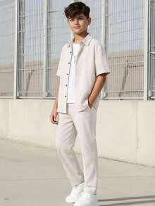 Vacaura 2pcs/Set Teenage Boys' Summer Casual Short Sleeve Polo Shirt And Straight Leg Pants Outfit - Beige - View 6