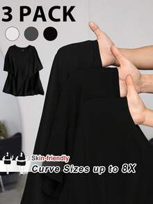 SHEIN CURVE+ 3pcs/Set Plus Size Summer Loose Fit Crew Neck Versatile Short Sleeve T-Shirts In White, Black And Gray,Curve Plus ,Hoho Vacation, Summer Tops - Black - View 3
