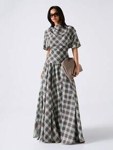 LYSMO 女士格子印花百褶休闲百搭半身裙 - 綠色 - 查看 8