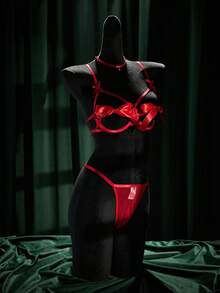 SpicyHot 3pcs Sexy Hollow Strap Bow Tie Underwire Gather Rhinestone Thong Lingerie Set For Women - Red - View 6