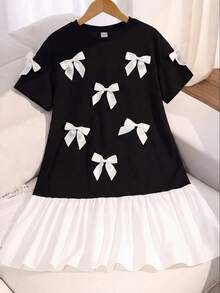 SHEIN 少女休闲黑白撞色超大蝴蝶结装饰宽松短袖中长连衣裙 - 黑與白 - 查看 4