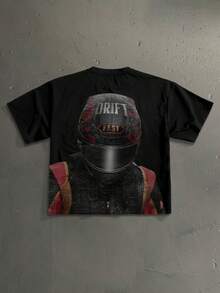 Manfinity Roghcode Camiseta de manga corta de ajuste regular para hombre con estampado casual de casco de piloto de F1, esencial para citas y reuniones, regalo de pareja/novio de moda - Negro - Ver 1