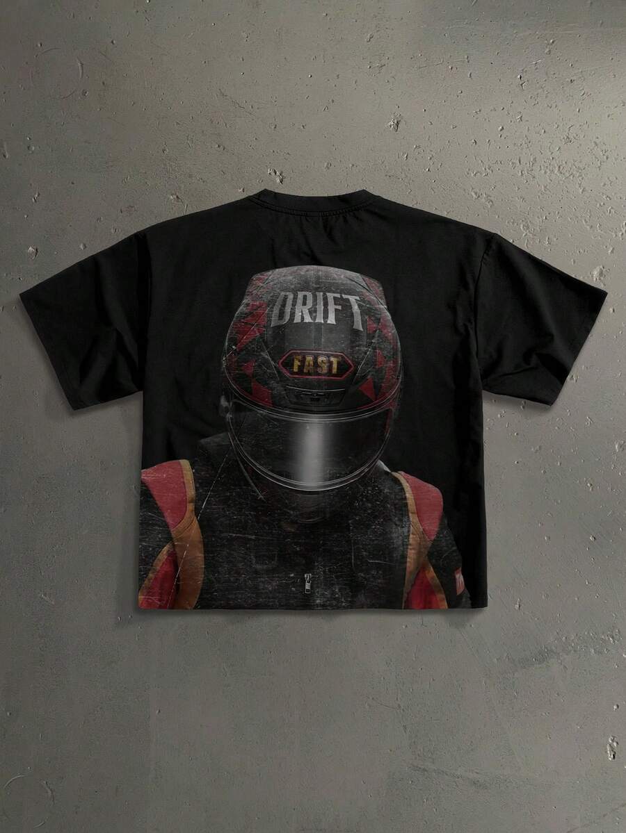 Manfinity Roghcode Camiseta de manga corta de ajuste regular para hombre con estampado casual de casco de piloto de F1, esencial para citas y reuniones, regalo de pareja/novio de moda - Negro - Ver 1