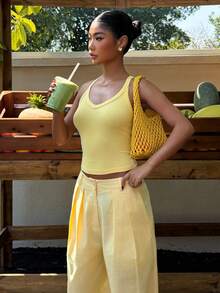 Muchica Women's Summer New Linen V-Neck Tight Camisole And Loose Wide-Leg Pants Set, Light Yellow Summer 2 Piece Set - Yellow - View 6